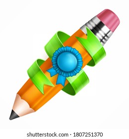 Drawing pencil with green ribbon for design on white. Vector illustration.