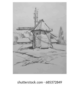 drawing pencil hatching landscape mill wood old graphic  art travel architecture folk handmade outline nature tourism