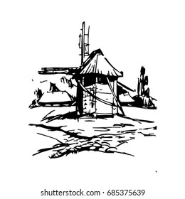 drawing pencil hatching landscape mill wood old graphic  art travel architecture folk handmade outline nature tourism black white