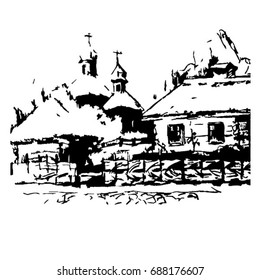 drawing pencil  landscape architecture art nature old graphic building outline hatching handmade travel tourism folk church huts village rural 