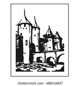drawing pencil  landscape architecture castle art nature old graphic building outline hatching handmade travel tourism 