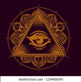 Drawing pencil mandala with all seeing eye. Floral tattoo art.