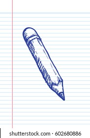Drawing of pencil on notebook paper in doodle style. Concept for education. 