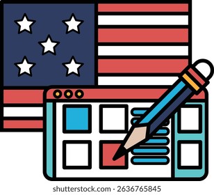 A drawing of a pencil on a piece of paper with the American flag in the background. Concept of creativity and the importance of expressing oneself through writing and drawing