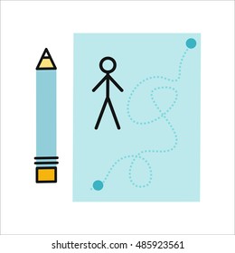 Drawing in pencil on sheet paper. Sheet paper with drawn little man. Sheet paper with pencil. Design element, icon in flat. Isolated object on white background. Vector illustration.