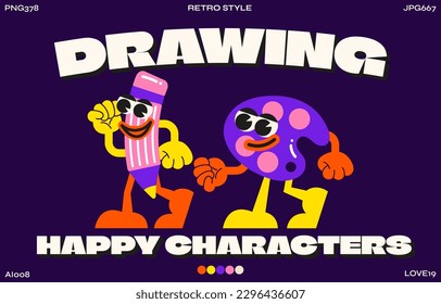 Drawing pencil palette 90s cartoon characters. Trendy poster. funny colorful doodles in hippie style. Vector groovy illustration with typography