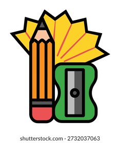 Un dibujo de un lápiz, sacapuntas y un objeto en forma de abanico, que simboliza la creatividad y los suministros de arte.