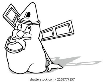 Dibujo de un molino de viento en pendiente con cara - Ilustración de dibujos animados aislados en fondo blanco, vector