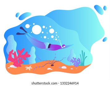 Drawing people character of a man swims with a mask under the water, surrounded by corals. Diving in clear water. Underwater world. Nature and human. Diver character in the sea