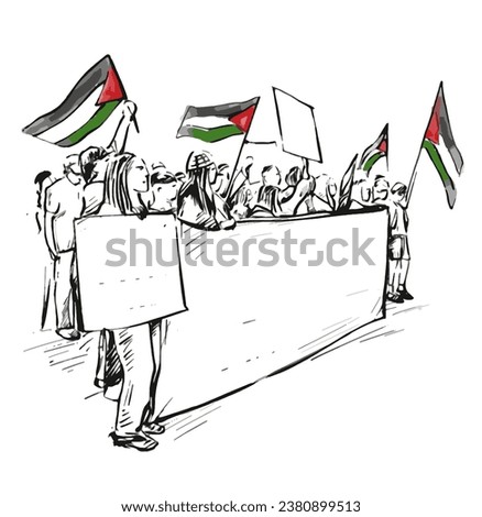 Drawing of people protest for Palestine