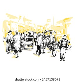 Drawing of people walking at local market in India yellow background 