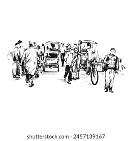 Drawing of people walking at local market in India