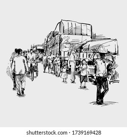 Drawing of people are walking on the street in India 