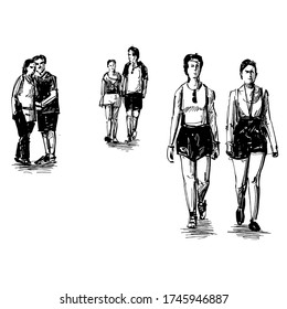 Drawing of people are walking at public space 