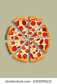 Drawing of a pepperoni pizza on a light green background