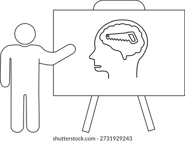 Desenhando a pessoa gesticulando para o cavalete mostrando o perfil da serra cerebral