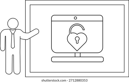 Desenho de uma pessoa apontando para um computador mostrando um cadeado cardíaco destravado em um fundo branco emoldurado