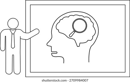 Persona de dibujo que presenta un cerebro con lupa a bordo