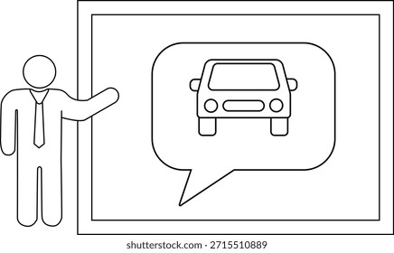 Dibujo de una persona que presenta un automóvil dentro de una burbuja de discurso en una pizarra blanca enmarcada