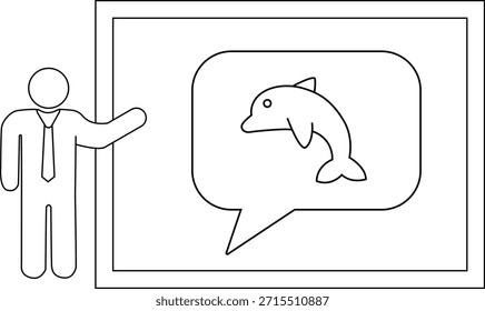 Desenho de pessoa apresentando um golfinho em uma bolha de fala em uma tela
