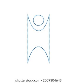 Drawing of a person with raised hands. Dotted line flat style color blue