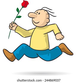 Drawing of a person running in love with a red rose in hand, vector illustration