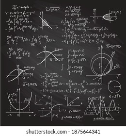 drawing physics and chemistry and math formulas and symbols on chalkboard illustration