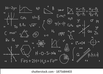 dibujo de fórmulas y símbolos de física y química y matemáticas en la ilustración de pizarra