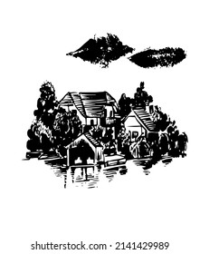 drawing picture of alpine chalet and wooden boat shed, by the lake surrounded by trees, in Austria , sketch, hand drawn digital illustration