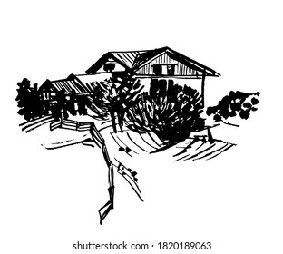 drawing picture alpine house farm among alpine meadows and wooden fence, sketch hand drawn by liner digital vector illustration