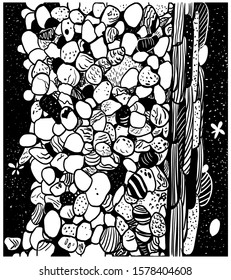 drawing picture background bright contrasting pebbles, sketch, hand drawn isolated digital vector illustration.