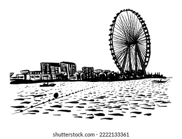 drawing picture background view of the Blue Water island and the huge Ferris wheel in the Persian Gulf, in Dubai, UAE, sketch, hand drawn digital vector illustration