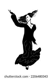 drawing picture of a beautiful girl in a long dress with flowing hair dancing, sketch, isolate on a white background, hand drawn digital vector illustration