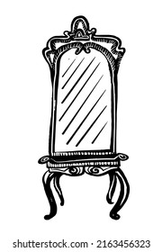 drawing picture of a beautiful old vintage mirror in a twisted frame on bent legs, sketch, hand drawn digital vector illustration