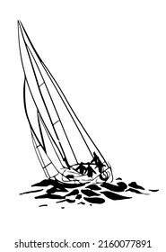 drawing picture of a beautiful racing yacht with white sails and passengers leaned in the water, sketch, hand drawn digital vector illustration