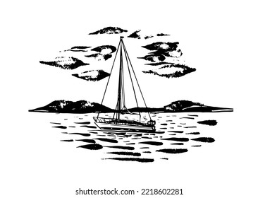 drawing picture of a beautiful sailing yacht among the waves and clouds, near the shore, sketch, hand drawn digital vector illustration