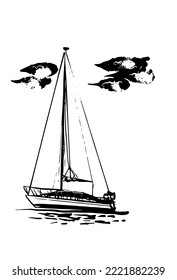 drawing picture of a beautiful sailing yacht among the clouds, sketch, hand drawn digital vector illustration