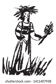 drawing picture of a beautiful young girl in traditional Slavic costume in a wreath for the holiday of Ivan Kupala, sketch, hand-drawn graphic charcoal vector illustration