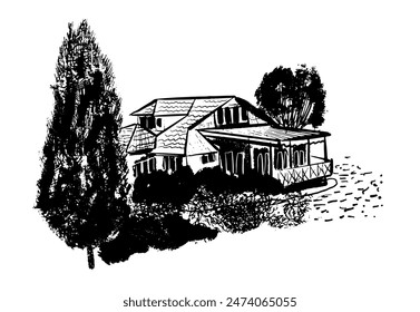 drawing picture big beautiful wooden villa on the lake shore among bushes, sketch, hand drawn digital vector illustration