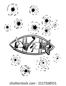 drawing picture of a boy and a girl sailing in a boat on the sea under the starry sky during fireworks, sketch, hand drawn digital vector illustration, good for articles, books and postcards