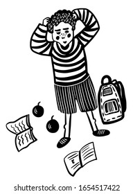 drawing picture a boy in a striped T-shirt pulled out a diary with a deuce from a backpack, sketch, hand-drawn in ink comic vector illustration