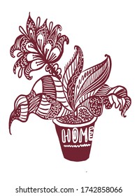 drawing picture bright contrasting decorative flowering plant in a pot, a subject of home decor, sketch, hand-drawn digital vector illustration
