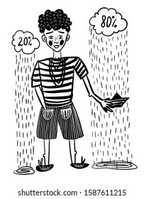 drawing picture, chance of rain, a boy with a paper boat in his hand, came in the rain. sketch, hand-drawn digital vector illustration, good for illustrating articles and prints