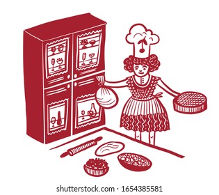 drawing picture cheerful girl cook in the kitchen with a huge antique sideboard, rolls the dough and bakes pies, sketch, hand drawn vector comic illustration