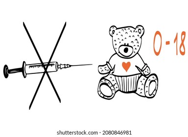 drawing picture childrens toy teddy bear and vaccine in syringe, medical digital vector illustration, good for social networks, posters, articles and websites