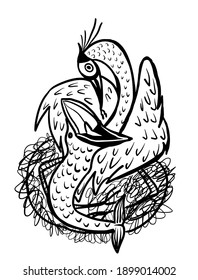drawing picture a crane in a nest feeding a fry of fish from its beak, sketch, hand drawn cartoon comic illustration