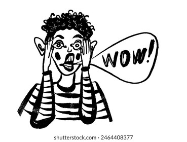 drawing picture, curly-haired boy grabs his face with his hands in surprise and says "wow", sketch, hand drawn digital comic illustration