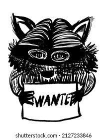 drawing picture of cute criminal girl raccoon blindfold holding wanted sign, sketch, hand drawn digital comic vector illustration