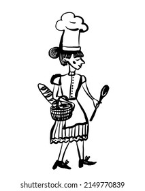 drawing picture of a cute girl cook in a cap, with a ladle and a baguette in a basket, sketch, hand drawn digital vector illustration