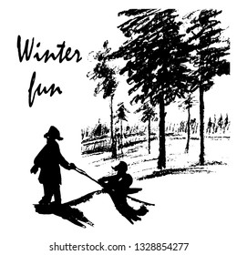 drawing picture, dad carries a boy on a sled through a winter pine forest, sketch, hand-drawn vector illustration